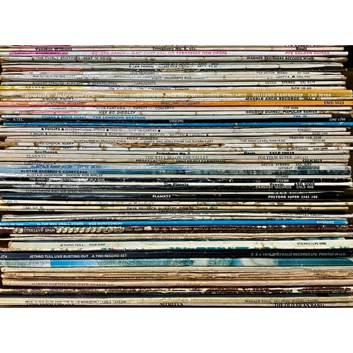 857 - BOX OF OVER 60 LP RECORDS, INTERESTING MIX OF GENRES INC. FOLK, JAZZ, BLUES, ROCK N ROLL AND CLASSIC... 