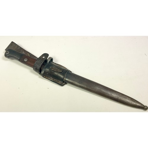 221 - A RUSSIAN MAUSER BAYONET, DATED 44, WITH NUMBERED METAL SCABBARD AND LEATHER FROG