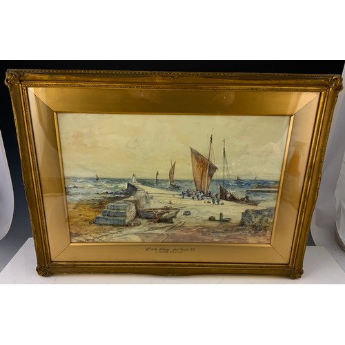 32 - PAIR OF JAY HUGHES CLAYTON WATERCOLOURS DEPICTING HARBOUR SCENES IN GILT FRAMES