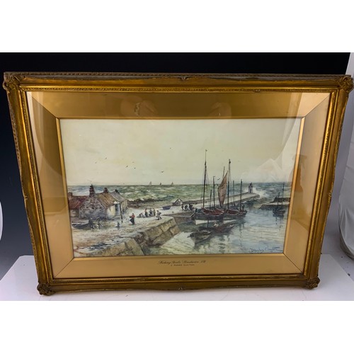 32 - PAIR OF JAY HUGHES CLAYTON WATERCOLOURS DEPICTING HARBOUR SCENES IN GILT FRAMES