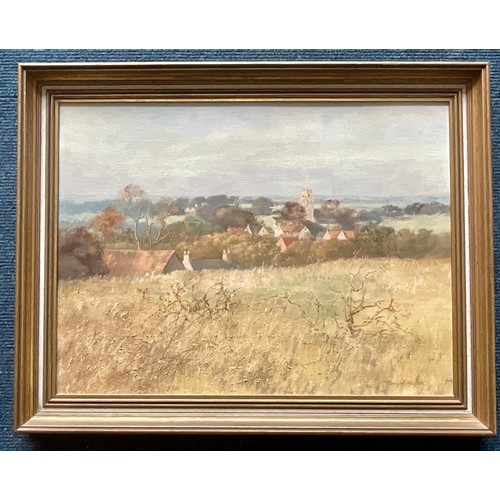 8 - PAMELA NOYES (BRITISH, BORN 1929), OIL ON BOARD ‘ASHWELL FROM PARTRIDGE HILL’, APPROX. 56 X 41 cm AN... 