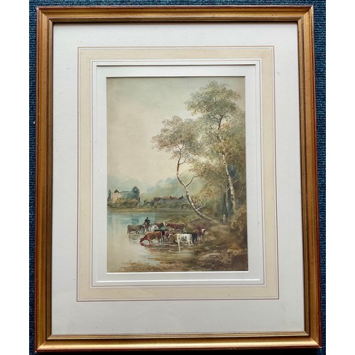 47 - WARREN BLACKHAM WATERCOLOUR DEPICTING RIVER SCENE WITH CATTLE AND DROVER, POSSIBLY TINTERN, APPROX. ... 