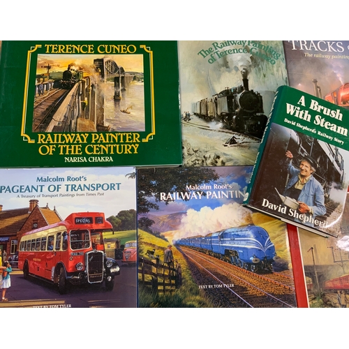 275 - RAILWAY & TRANSPORT ARTIST BOOKS, CUNEO, DAVID SHEPHERD, ROOT, HAWKINS, FEARNLEY ETC