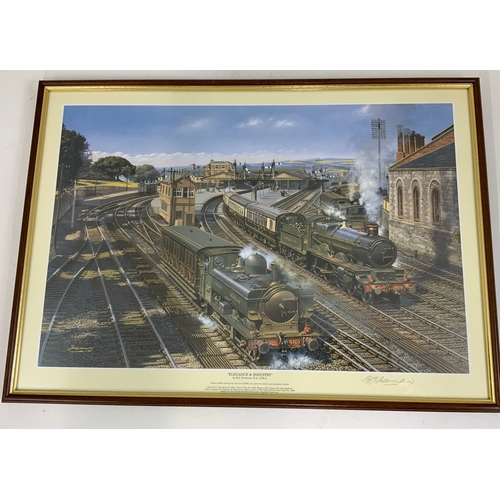 281 - 2 FRAMED RAILWAY PRINTS, RELIEF OF MAFEKING, GWR LOCOMOTIVE AT OXFORD, BY JOHN AUSTIN SIGNED, 33/500... 