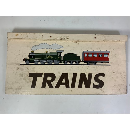 316 - NOVELTY WOODEN HANGING SIGN ‘TRAINS’ APPROX 60 X 30 CM, IDEAL FOR THE ENTHUSIASTS “CAVE”