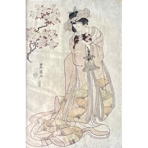 36 - ANTIQUE JAPANESE WATERCOLOUR OF SCHOLAR 33 x 25cm T/W JAPANESE WOOD BLOCK WATERCOLOUR 37.5 x 24.5cm