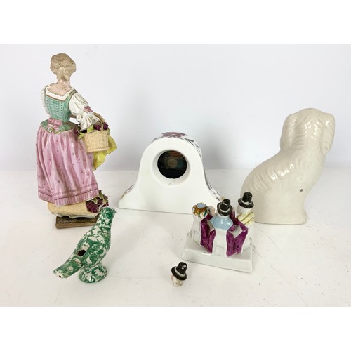 129 - MISC. PORCELAIN INCLUDING ROYAL WORCESTER MANTEL CLOCK, STAFFORDSHIRE DOG, WELSH FAIRING, WHISTLE AN... 