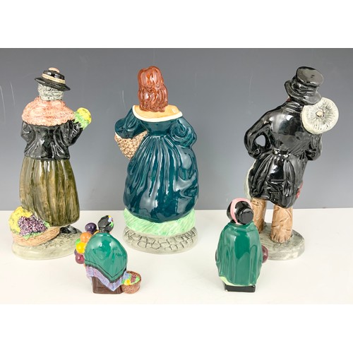 128 - ROYAL DOULTON SAIRY GAMP & THE OLD BALLOON SELLER SMALL FIGURINES WITH 3 LARGE ROY KIRKHAM CRIES OF ... 