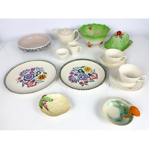 155 - POOLE POTTERY INCLUDING 2 PLATES, BOWL AND POOLE PART TEA SET & BESWICK LEAF BOWL WITH CARLTON WARE ... 