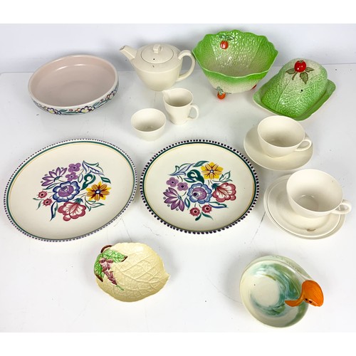 155 - POOLE POTTERY INCLUDING 2 PLATES, BOWL AND POOLE PART TEA SET & BESWICK LEAF BOWL WITH CARLTON WARE ... 