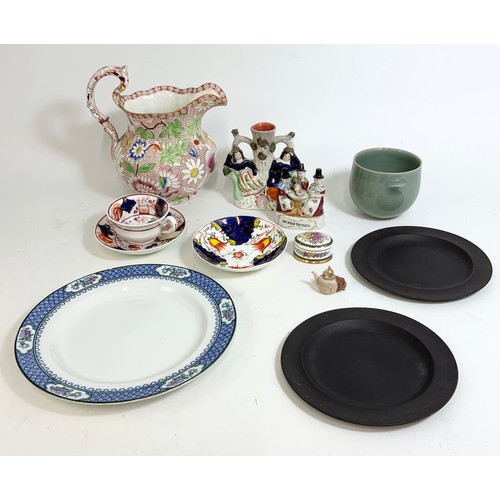 156 - COPELAND  & GARETT JUG , WEDGWOOD  BLACK BASLT PLATES, WELSH FAIRING, TAPER VASE AND A GAUDY WELSH B... 