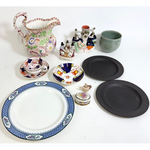 156 - COPELAND  & GARETT JUG , WEDGWOOD  BLACK BASLT PLATES, WELSH FAIRING, TAPER VASE AND A GAUDY WELSH B... 