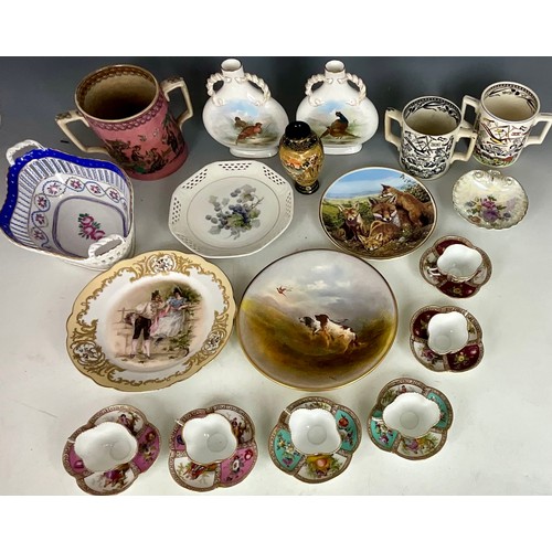 159 - COLLECTION OF PORCELAIN INCLUDING DRESDEN CUPS AND SAUCERS, LOVING CUPS, DAVENPORT MOON FLASKS HAND ... 