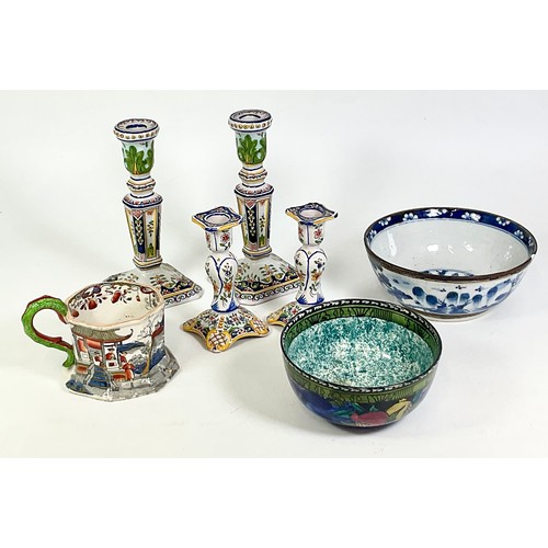 150 - MISC. TO INC. 2 PAIRS OF CANDLESTICKS, ORIENTAL BOWL AF, MALING LUSTRE BOWL AND IRONSTONE TANKARD