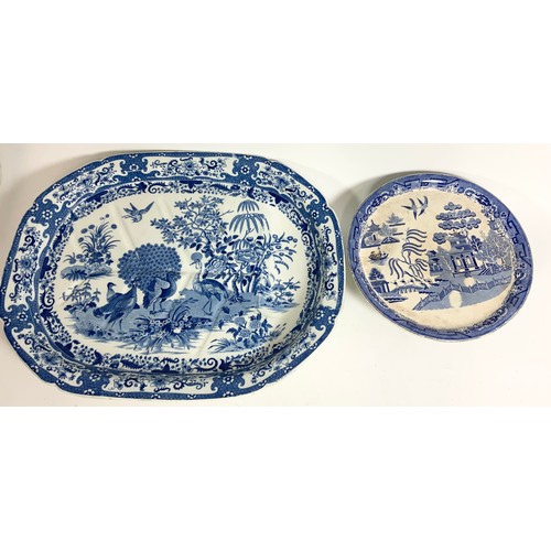 163 - MISCELLANEOUS BLUE AND WHITE INCLUDING TURKEY DISH, OVAL MEAT PLATE AND 1 OTHER BLUE AND WHITE PLATE... 