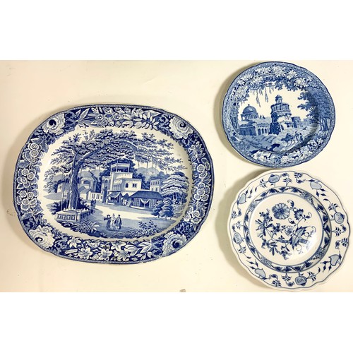 163 - MISCELLANEOUS BLUE AND WHITE INCLUDING TURKEY DISH, OVAL MEAT PLATE AND 1 OTHER BLUE AND WHITE PLATE... 