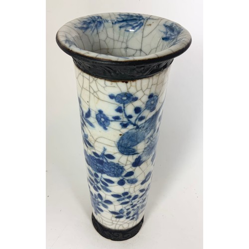 184 - ORIENTAL  BLUE & WHITE VASE WITH CRACKLE GLAZE  27cm TALL