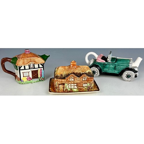 192 - MUSICAL TEAPOT, VINTAGE CAR TEAPOT AND A FOX & HOUNDS CHEESE DISH