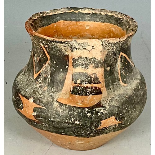 199 - POSSIBLY NEOLITHIC TERRACOTTA DOUBLE HANDLED POT WITH PRIMITIVE BLACK DECORATION