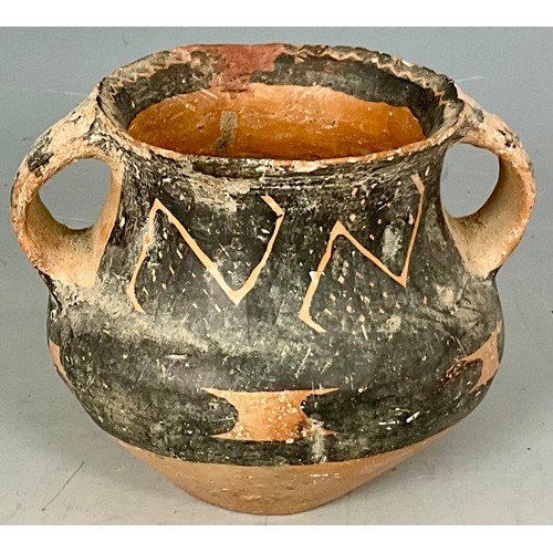 199 - POSSIBLY NEOLITHIC TERRACOTTA DOUBLE HANDLED POT WITH PRIMITIVE BLACK DECORATION