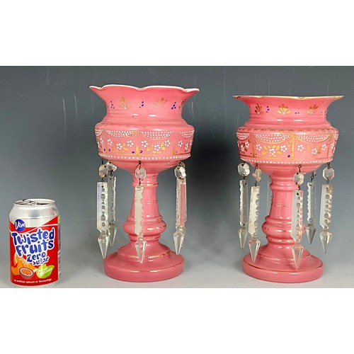 213 - PAIR OF LATE 19TH CENTURY PINK OPAQUE GLASS LUSTRES