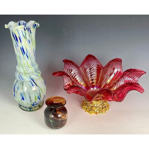 209 - STUDIO GLASS INCLUDING A LARGE FLUTED PETAL BOWL ON GILT METAL STAND, APPROX. 40cm dia.  2 TALL VASE... 