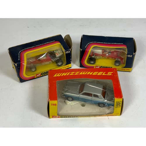 121 - 3 EARLY BOXED CORGI MODELS, 280 ROLLS ROYCE SILVER SHADOW, 152 FERRARI 312B2, 153 SURTEES TS 9B, PLU... 