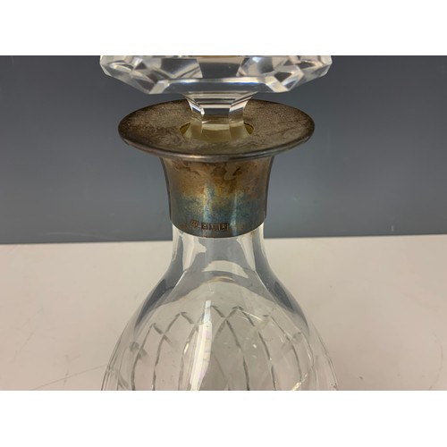 230 - CUT GLASS DECANTER WITH SILVER COLLAR