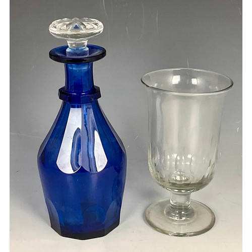 225 - BLUE GLASS DECANTER AND A CELERY GLASS