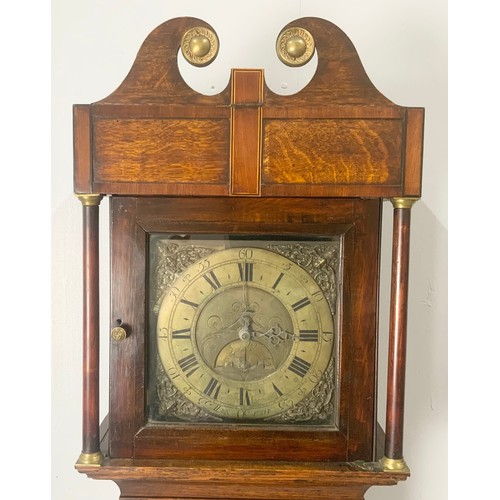 240 - WELSH INLAID OAK LONGCASE CLOCK HAVING SINGLE HAND BRASS DIAL, 30 HOUR MOVEMENT, DATE APERTURE SIGNE... 