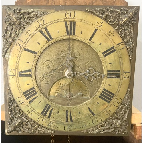 240 - WELSH INLAID OAK LONGCASE CLOCK HAVING SINGLE HAND BRASS DIAL, 30 HOUR MOVEMENT, DATE APERTURE SIGNE... 