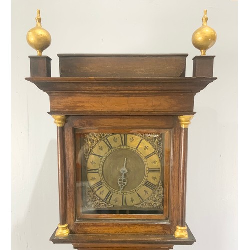 241 - OAK LONGCASE CLOCK HAVING BRASS SINGLE HAND DIAL AND 30 HOUR MOVEMENT