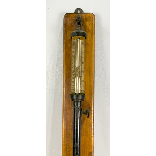 252 - STICK BAROMETER WITH THERMOMETER MOUNTED ON A WOODEN BASE