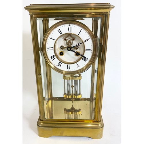 254 - LATE 19TH CENTURY BRASS AND GLASS CASED REGULATOR CLOCK, CIRCULAR BRASS DIAL WITH ENAMELLED CHAPTER ... 