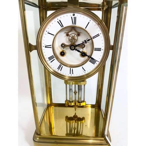 254 - LATE 19TH CENTURY BRASS AND GLASS CASED REGULATOR CLOCK, CIRCULAR BRASS DIAL WITH ENAMELLED CHAPTER ... 