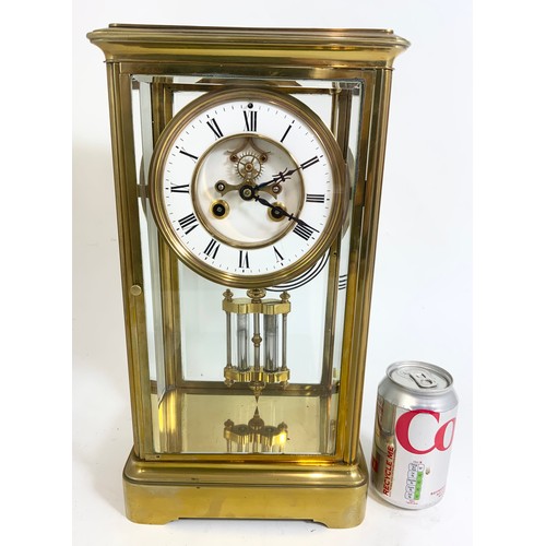 254 - LATE 19TH CENTURY BRASS AND GLASS CASED REGULATOR CLOCK, CIRCULAR BRASS DIAL WITH ENAMELLED CHAPTER ... 