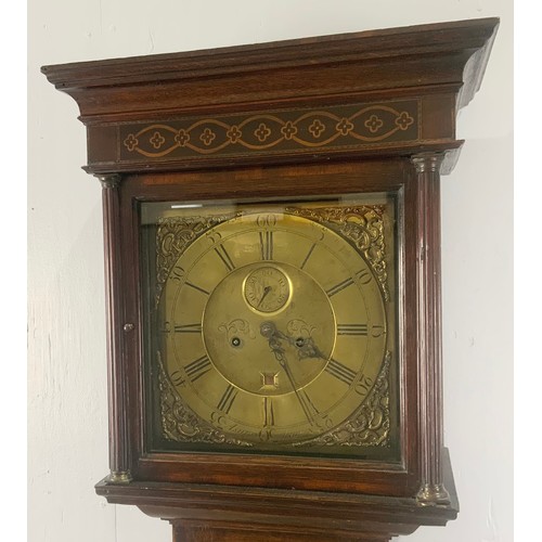 243 - INLAID MAHOGANY LONGCASE CLOCK HAVING SQUARE BRASS DIAL WITH BRASS SPANDRELS SIGNED ASHTON OF ASHBUR... 