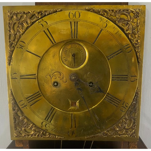 243 - INLAID MAHOGANY LONGCASE CLOCK HAVING SQUARE BRASS DIAL WITH BRASS SPANDRELS SIGNED ASHTON OF ASHBUR... 