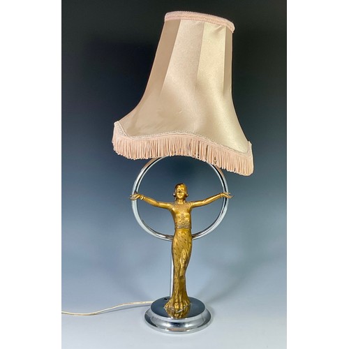 264 - ART DECO TABLE LAMP, MAIDEN WITH CHROME HOOP ON CHROME BASE