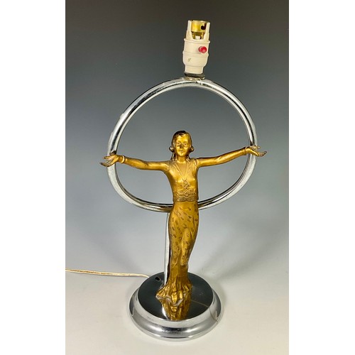 264 - ART DECO TABLE LAMP, MAIDEN WITH CHROME HOOP ON CHROME BASE