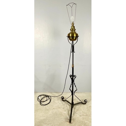 280 - EARLY 20th CENTURY BLACK PAINTED ADJUSTABLE CONVERTED STANDARD LAMP WITH BRASS PARAFFIN CHAMBER AND ... 