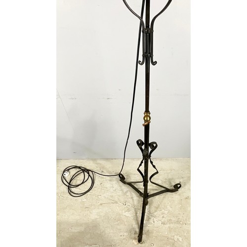 280 - EARLY 20th CENTURY BLACK PAINTED ADJUSTABLE CONVERTED STANDARD LAMP WITH BRASS PARAFFIN CHAMBER AND ... 