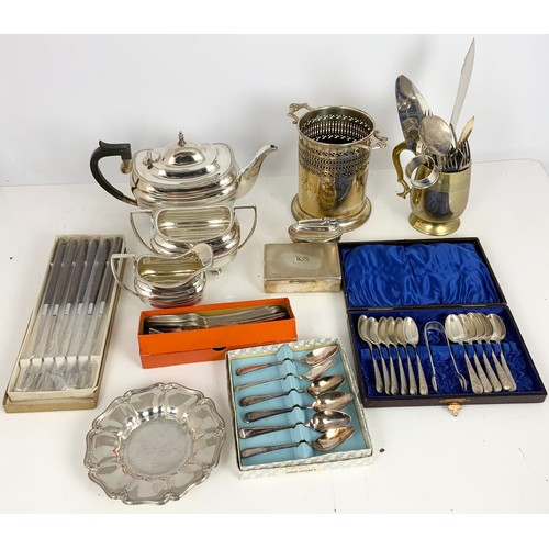 287 - SILVER PLATED 3 PIECE TEA SET AND QTY. OTHER SILVER PLATED ITEMS