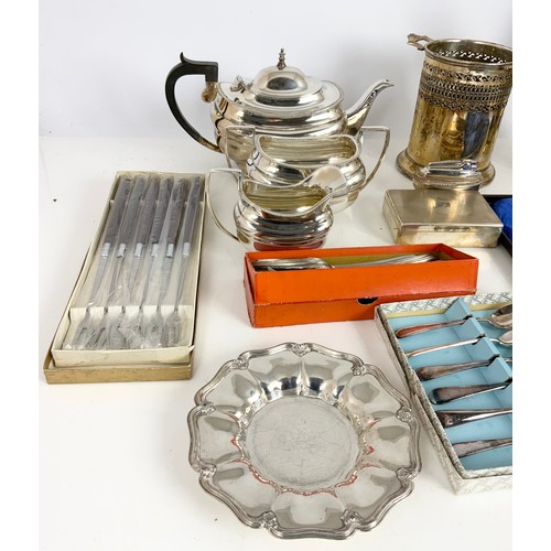 287 - SILVER PLATED 3 PIECE TEA SET AND QTY. OTHER SILVER PLATED ITEMS