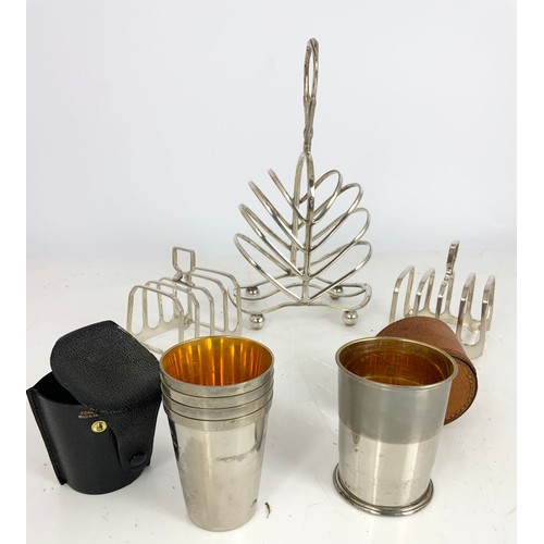 291 - PAIR OF SILVER PLATED TOAST RACKS, ONE OTHER AND 2 TELESCOPIC BEAKERS