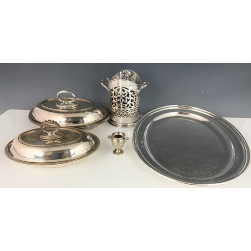 290 - MINIATURE SILVER URN SALT AND MISC. PLATED WARE INC. ENTREE DISHES AND BOTTLE COASTER