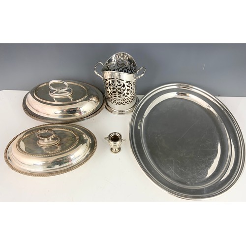 290 - MINIATURE SILVER URN SALT AND MISC. PLATED WARE INC. ENTREE DISHES AND BOTTLE COASTER