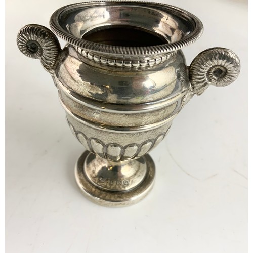 290 - MINIATURE SILVER URN SALT AND MISC. PLATED WARE INC. ENTREE DISHES AND BOTTLE COASTER