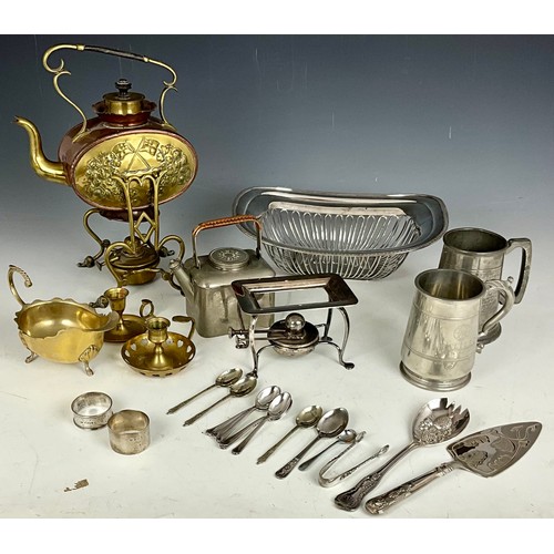 295 - MISC. PLATED, BRASS AND COPPER ITEMS INC. SPIRIT KETTLES, PIERCED  BASKET, A SAUCE BOAT, CANDLE HOLD... 