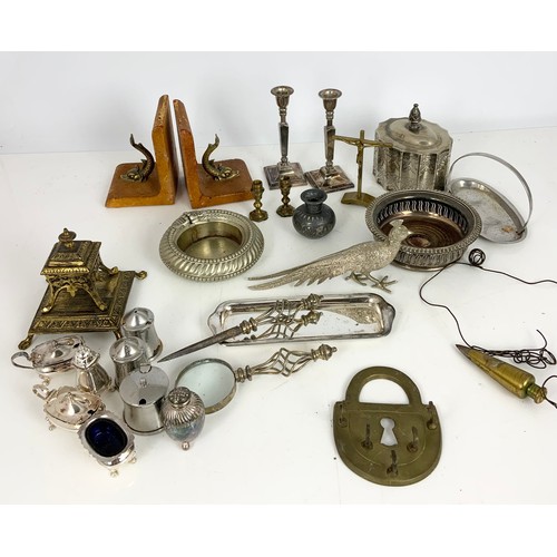 297 - BOX OF SILVER PLATED WARE, BRASS CANDLESTICK, DOLPHIN BOOKENDS ETC.